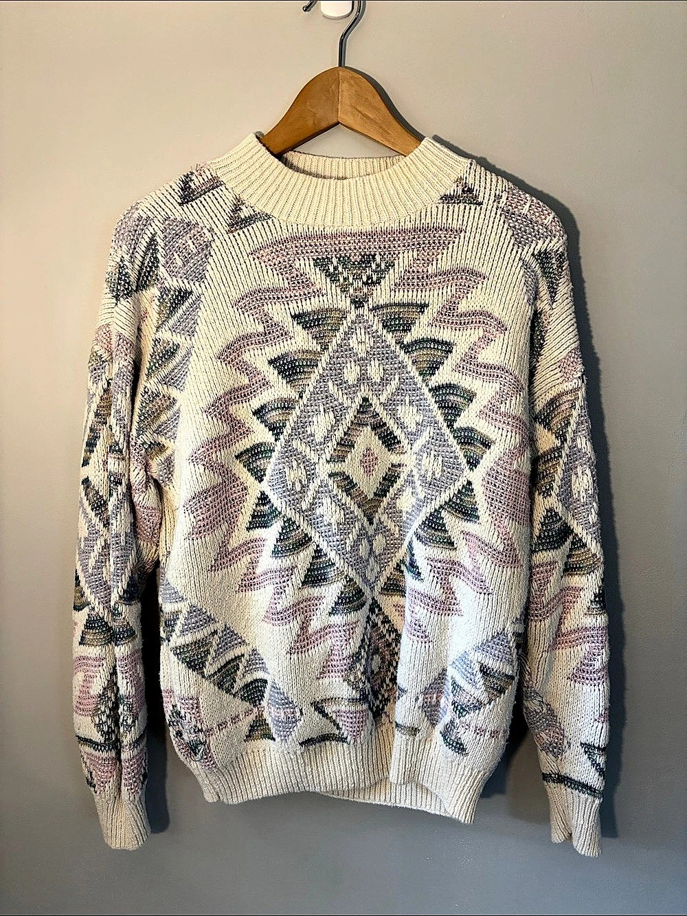 Knit Concepts Women's Geometric Cotton Sweater Cream & Pink Large Like New